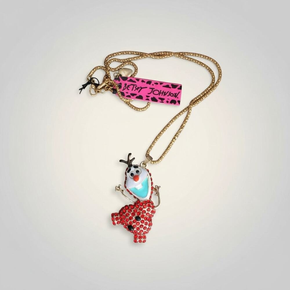 Betsey Johnson Olaf Snowman Necklace Red Rhinestone Pendant Frozen Gold Tone NWT